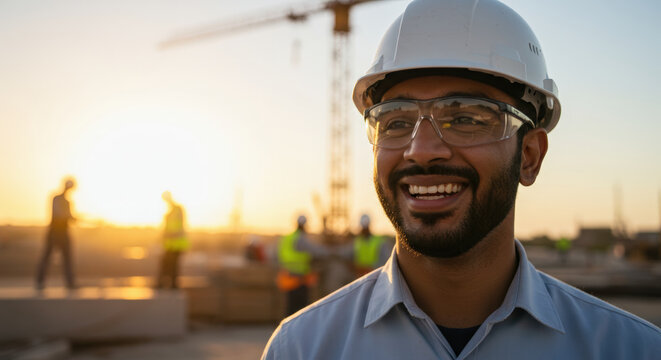 Arab engineer smiles with pride and satisfaction, observing the construction site at sunset