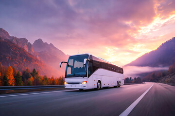 A white, modern, luxury coach bus driving on a highway road in a beautiful natural landscape at sunset, commercial photography