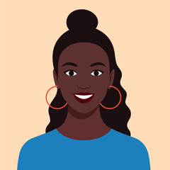 Smiling young woman avatar with dark skin, hoop earrings, wavy hair, and blue top. Flat vector illustration on light peach background. Great for profiles, icons, and character design.