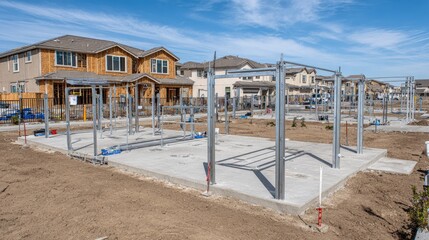 Obraz premium Metal structures on concrete slab foundation for new construction.