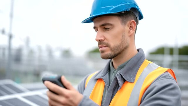 Electrician using a voltmeter to measure electrical output at a solar power facility.
