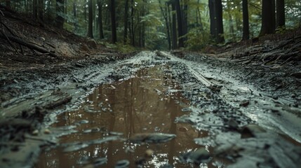 Intricate forest trail with muddy puddle reflecting dense woodland canopy