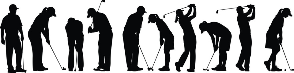 Golf Swing Silhouette Sequence, Professional Golfers Posing, Sports Motion Study, Golf Form Technique, Dynamic Athletic Stance, Vector Illustration
