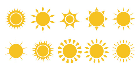 Collection of various sun icons in yellow color, sun in flat design style, vector graphics, different sun shapes and sizes isolated on white background, ideal for summer, weather or nature sun themes.