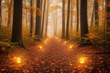 Jack-o'-lanterns illuminate a misty forest path