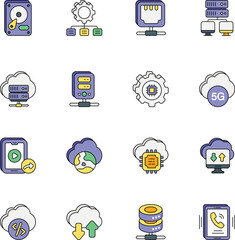 Networking and Big Data or Network Set of Color Outline Icons Packs or Illustrations