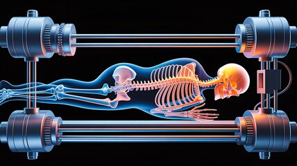Futuristic medical scan illustration showing a human skeleton inside an advanced diagnostic tube
