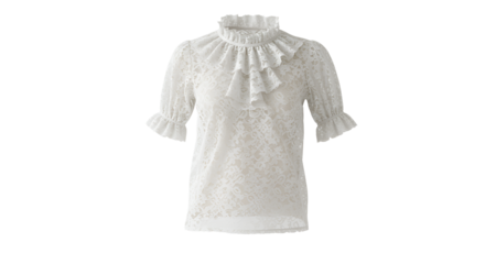 Elegant women's blouse, a lacy, white top with ruffles and short sleeves against a transparent backdrop, ideal for fashion layouts, transparent background