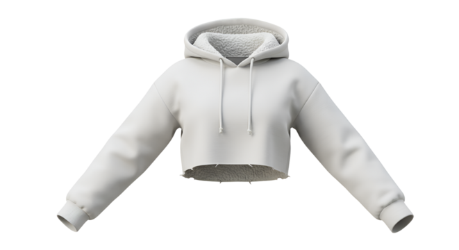 Cozy white crop hoodie with a fur-lined hood and drawstrings, ideal for casual fashion design mockups on a transparent background.