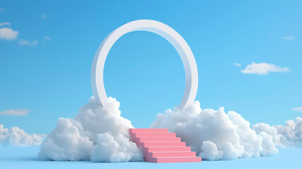 Surreal scene featuring circular arch and pink stairs rising above fluffy clouds against bright blue sky, evoking sense of wonder and imagination