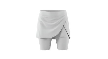 Clean white skort with shorts underneath for tennis, running, or activewear apparel with a modern and stylish silhouette, transparent background