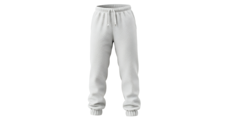 Clean white jogger pants sit on a transparent background, designed for comfortable casual wear and athletic activities.