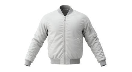 A clean white bomber jacket isolated on a transparent background offers versatile design and apparel presentation options.