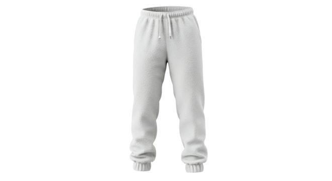 Clean white jogger pants sit on a transparent background, designed for comfortable casual wear and athletic activities.