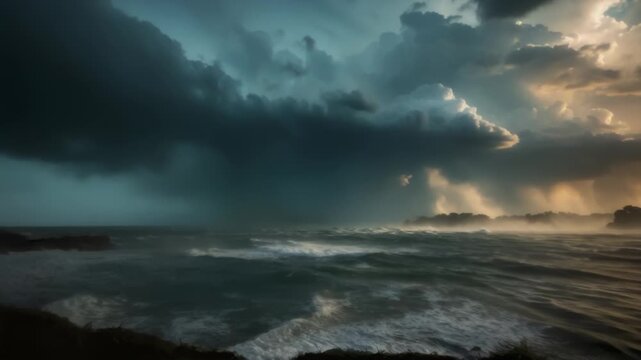 Torrential Rain And Violent Waves Under Dark Storm Clouds