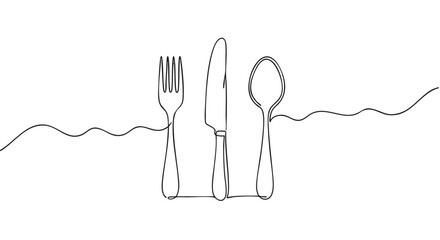 Minimalist line art illustration of a fork, knife, and spoon connected by a continuous, wavy line.