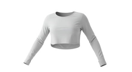 An athletic long sleeve crop top in white floats on a transparent background, perfect for showcasing activewear designs or apparel mockups.