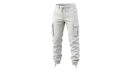 Stylish white cargo pants isolated on a transparent background, perfect for fashion layouts and clothing catalogs with a modern design.