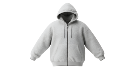 Cozy white sherpa hoodie with a zipper showcased against a transparent background, offering a comfortable and trendy apparel option.