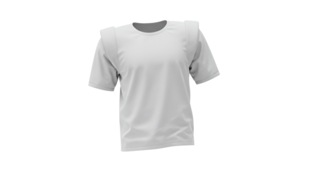 A clean white short sleeve t-shirt with shoulder pads floating on a transparent backdrop, perfect for showcasing apparel design, transparent background