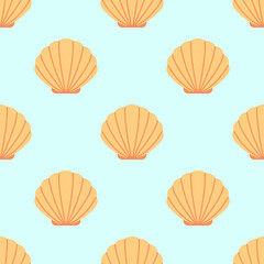 Flat vector seamless pattern featuring orange scallop seashells evenly spaced on light blue background. For printing packaging, wallpaper, fabric, textile, card, summer, ocean, beach and kids design.