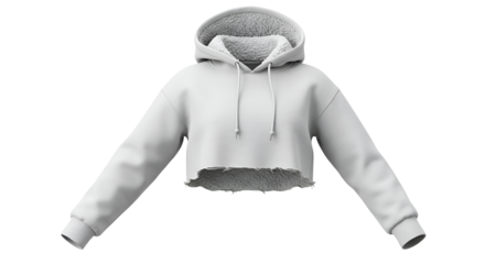 Displaying a fashionable white cropped hoodie with a furry interior lining on a transparent background for designers.