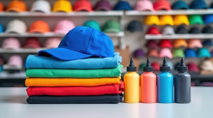 Colorful blank apparel and fabric paint bottles ready for customization