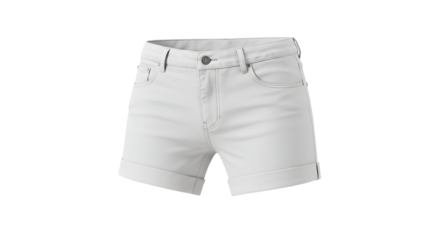 Crisp white denim shorts presented on a transparent background, perfect for summer fashion and apparel mockups, showcasing casual style.