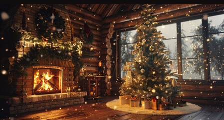 Roaring fireplace inside a cozy rustic log cabin, decorated Christmas tree glowing with white and gold lights, ornaments reflecting the flame, large picture windows reveal snowy forest outside