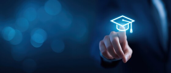 The hand interacting with a digital graduation cap symbol in a modern context.