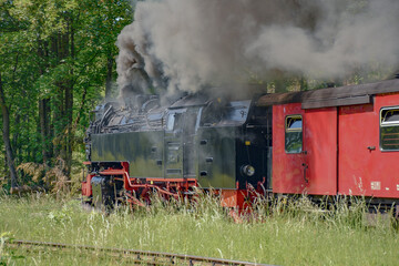 Brockenbahn Steam train locomotive railway on Brocken mountain in Germany