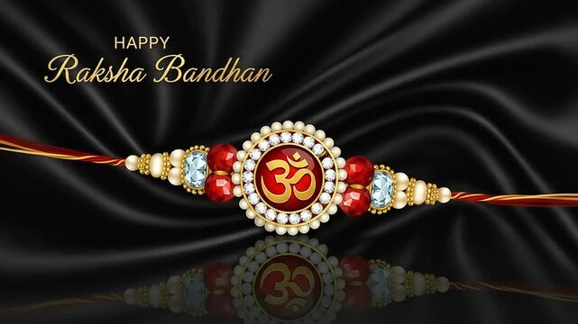 Happy Raksha Bandhan greeting with a traditional Rakhi bracelet featuring the Om symbol, pearls, and gold beads on an elegant black silk background.