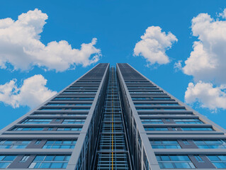 Fototapeta premium Modern skyscraper with suspended rail system gliding between its tall structures under bright blue sky with fluffy clouds, creating striking urban landscape