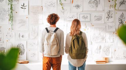 A young couple in casual attire stands before an empty wall, adorned with various pieces of art and creative sketches on paper, showcasing their artistic freedom