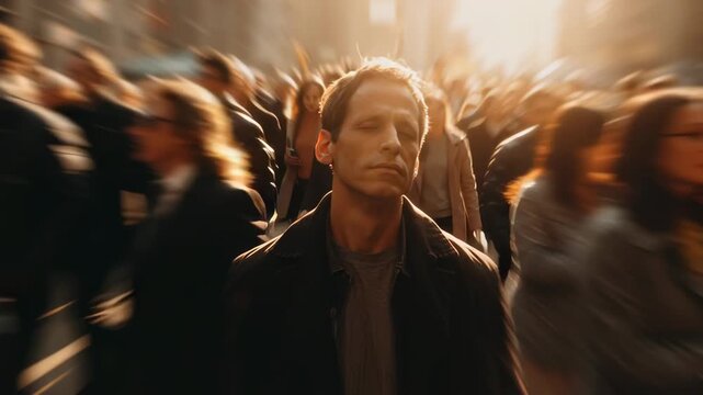 Man Standing Still in Busy City Crowd of Rushing People