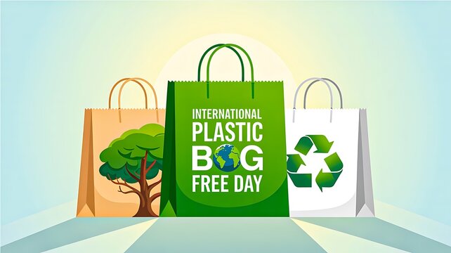 Illustration of eco-friendly shopping bags celebrating International Plastic Bag Free Day
