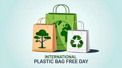 Illustration of eco-friendly shopping bags celebrating International Plastic Bag Free Day

