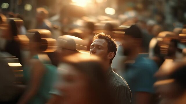 Man Standing Still in Busy City Crowd of Rushing People