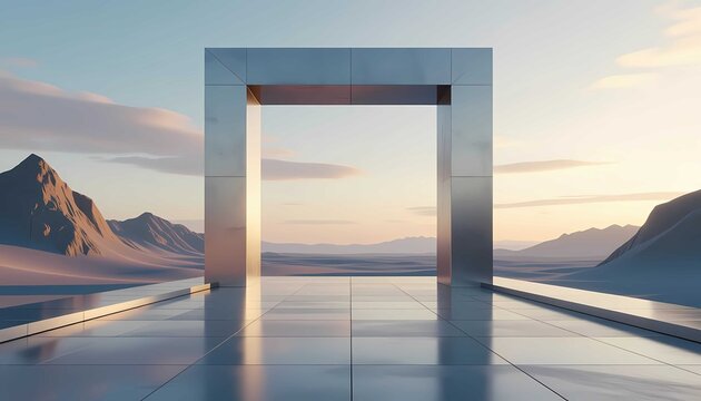 3D render of modern geometric architecture on tranquil horizon with empty copy space