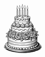 birthday, cake, illustration, black, white, elegant, roses, candles, tiered, dessert, design, drawing, sketch, greeting, celebration, vintage, classic, ornate, layered, frosting, sweet, party, festive