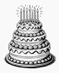birthday, cake, illustration, black, white, elegant, roses, candles, tiered, dessert, design, drawing, sketch, greeting, celebration, vintage, classic, ornate, layered, frosting, sweet, party, festive