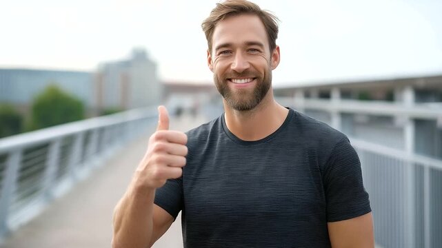 Athletic man takes a breather on a bridge, radiating positivity during his exercise routine.