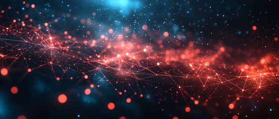 Abstract texture with a network of glowing dots and lines on a dark background. Useful for articles about technology, science, innovation and digital world.