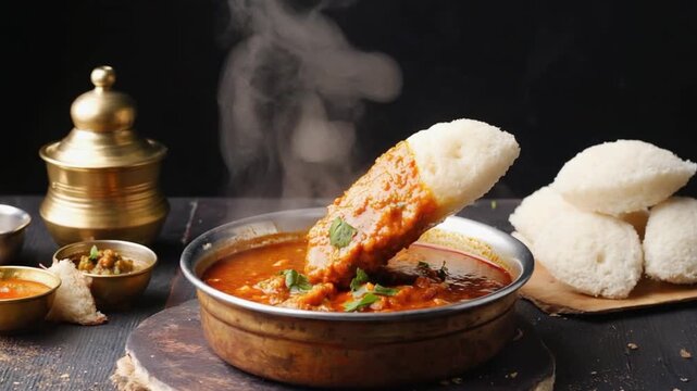  idli and sambar with coconut chutney slow motion video