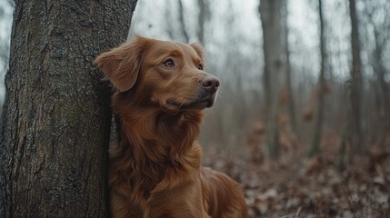 Red dog sitting next to a tree in the woods. Useful for content about nature and pets.