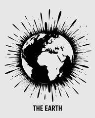 earth, globe, world, planet, illustration, black, white, map, continents, ink, splash, burst, explosion, graphic, lineart, sketch, monochrome, geography, global, international, environment, abstract, 