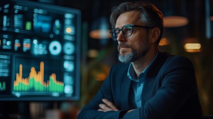 A man with glasses and a beard, looking at a data screen. Useful for articles about technology, business and data analysis.