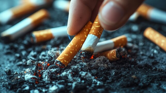A hand with a cigarette being extinguished in an ashtray. For articles about the harm of smoking, anti-smoking campaigns, medical publications. - Powered by Adobe