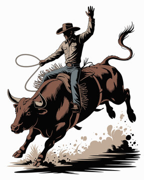 rodeo, cowboy, bull, riding, western, lasso, wild, ranch, illustration, hat, boots, action, dust, livestock, competition, sport, animal, bullrider, graphic, dynamic, tradition, countryside, strength, 