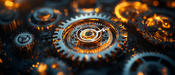 Close-up of mechanical gears with golden glow, complex mechanism parts, industrial design. Useful for articles about mechanical engineering, engineering, industrial design.